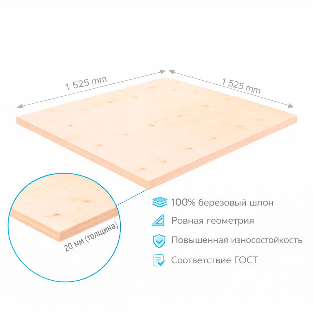 Фанера ФК 20мм 1525х1525мм сорт 4/4 нешлифованная березовая