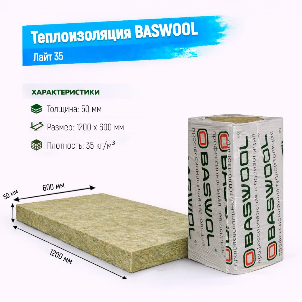 Утеплитель BASWOOL Лайт 35 базальтовая плита 1200х600х50мм