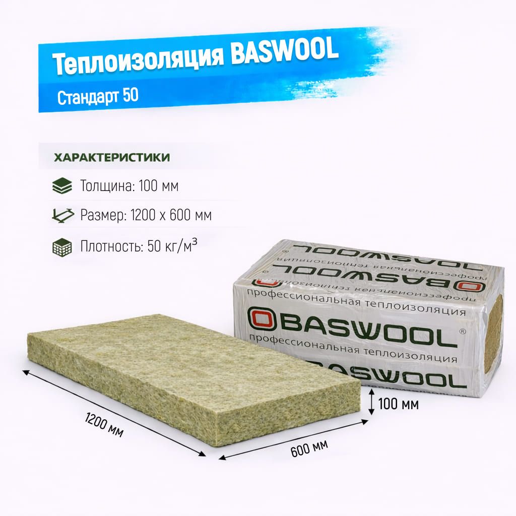 Утеплитель BASWOOL Стандарт 50 базальтовая плита 1200х600х100мм