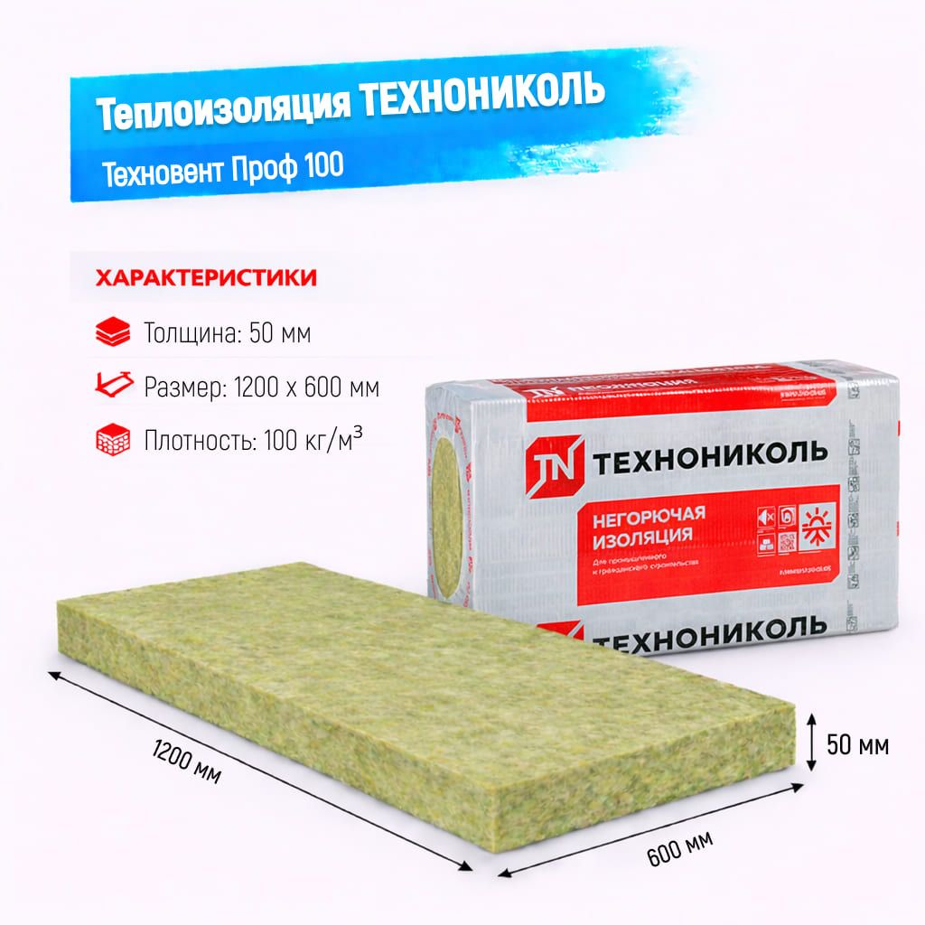 Утеплитель ТехноНИКОЛЬ Техновент Проф плита 100 50 мм 1200х600 мм минеральный (базальтовый)