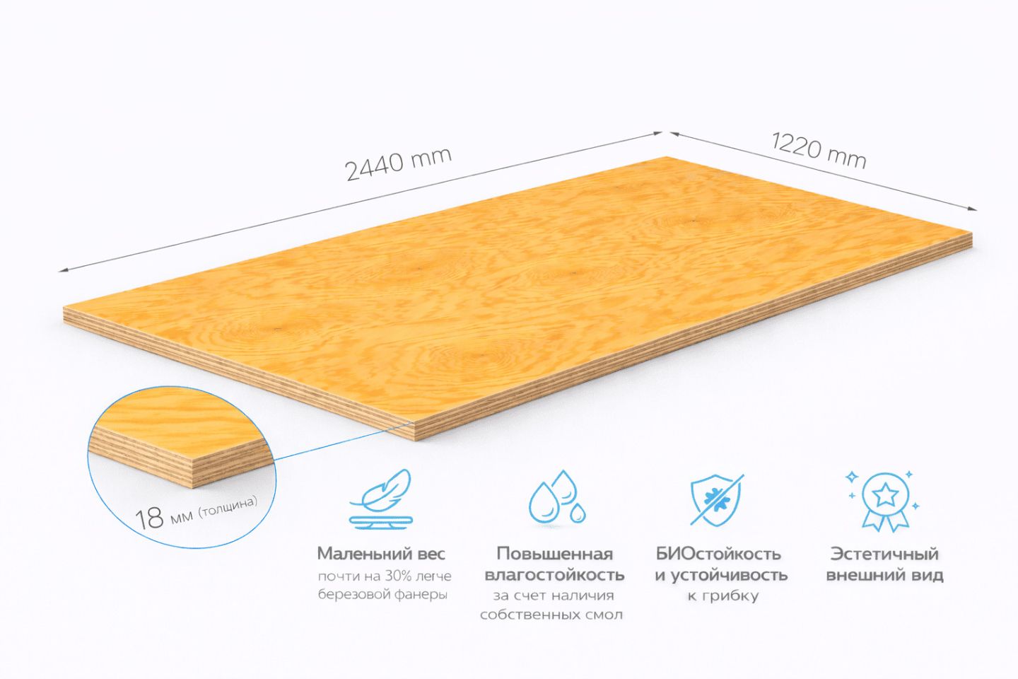 Фанера ФСФ 18 мм 2440х1220 мм сорт 1/2 шлифованная хвойная влагостойкая Larch Лиственница