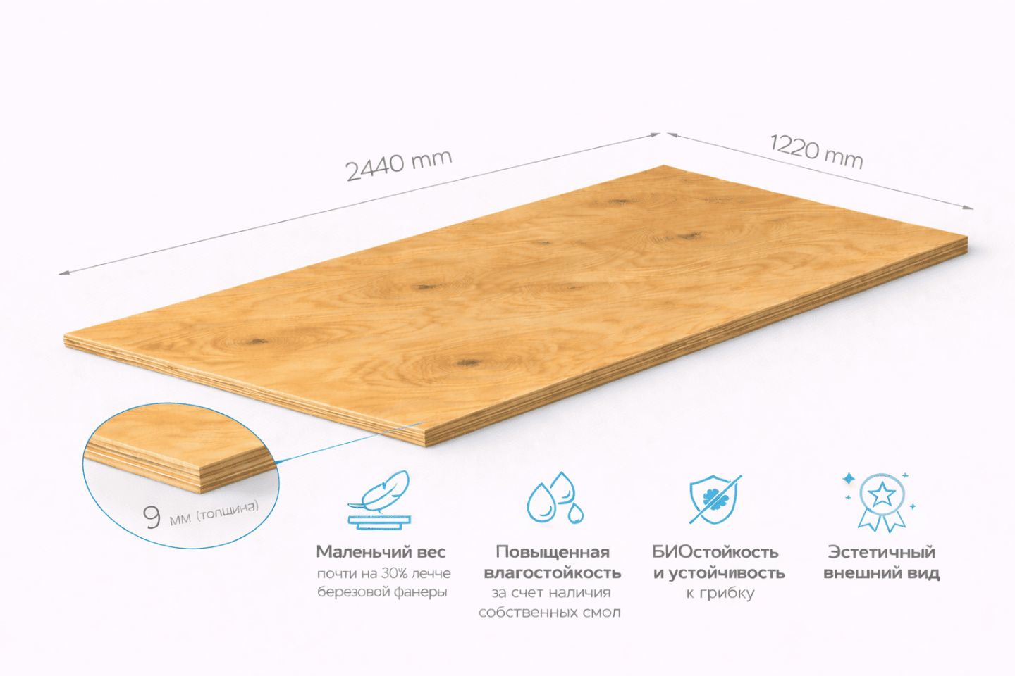 Фанера ФСФ 9мм 2440х1220 мм сорт 3/3 нешлифованная хвойная влагостойкая
