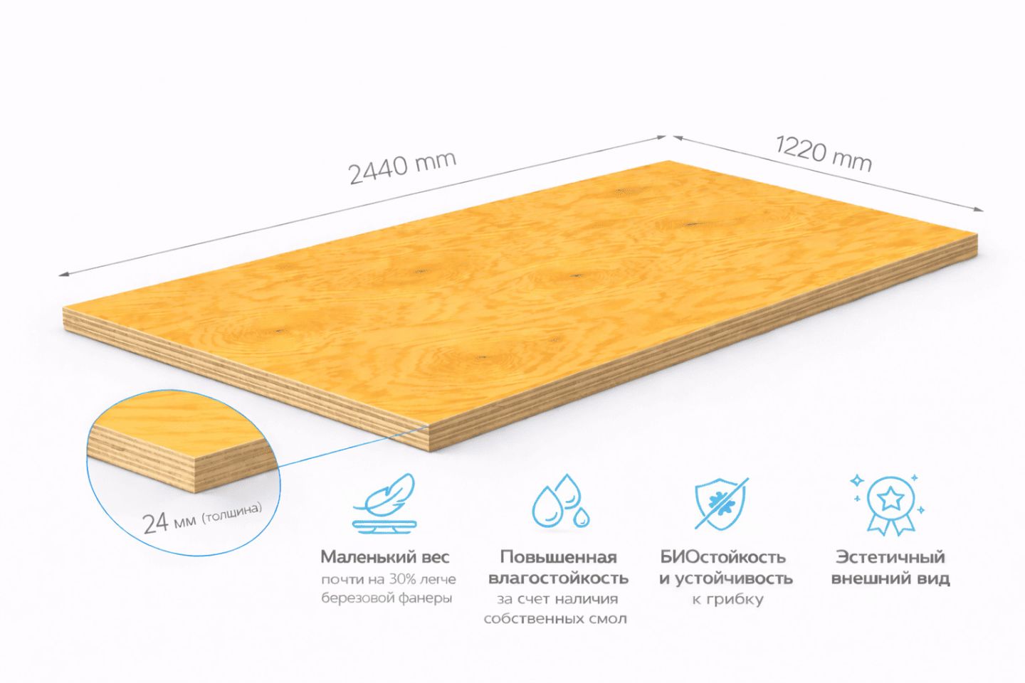 Фанера ФСФ 24 мм 2440х1220 мм сорт 2/3 шлифованная хвойная влагостойкая Larch Лиственница