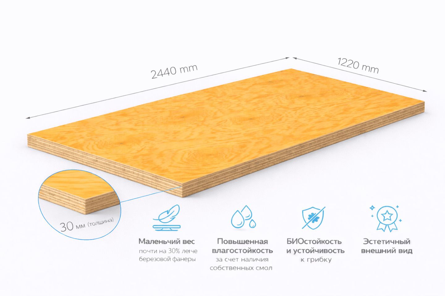 Фанера ФСФ 30мм 2440х1220 мм сорт 3/3 хвойная нешлифованная влагостойкая Лиственница