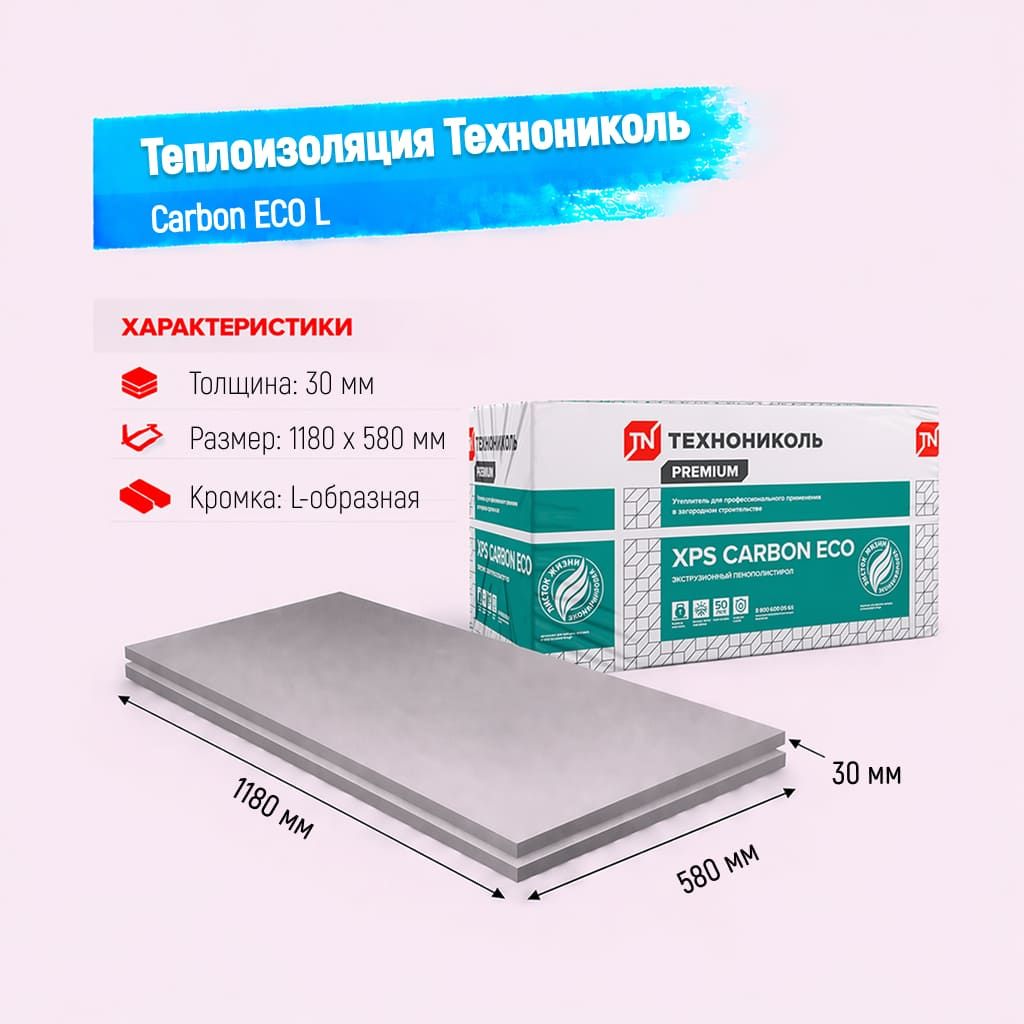 Пенополистирол экструдированный 30мм 580х1180мм ТН XPS Carbon ECO L