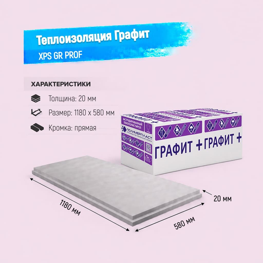 Пенополистирол экструдированный 20мм 1180х580мм ГРАФИТ XPS GP PROF