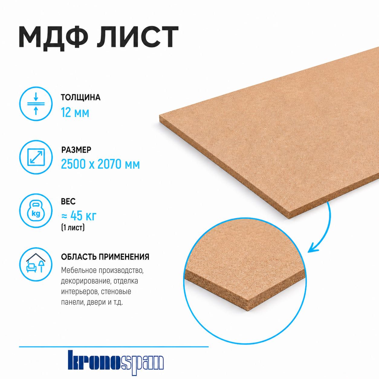 Плита МДФ Kronospan шлифованная 12мм 2500х2070 мм 1 сорт Kronospan