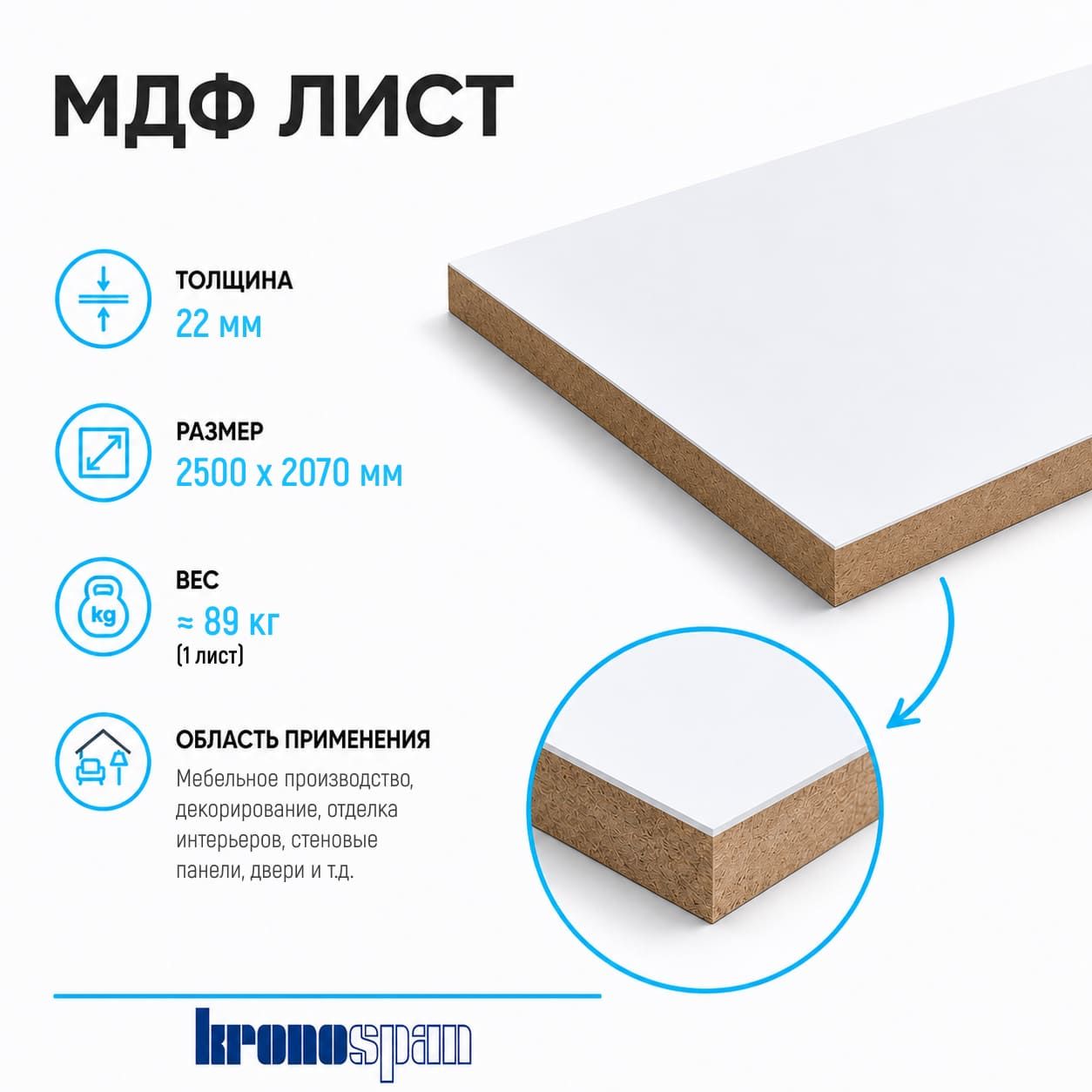 Плита МДФ Kronospan ламинированная 22мм 2500х2070 мм двусторонняя 1 сорт Kronospan